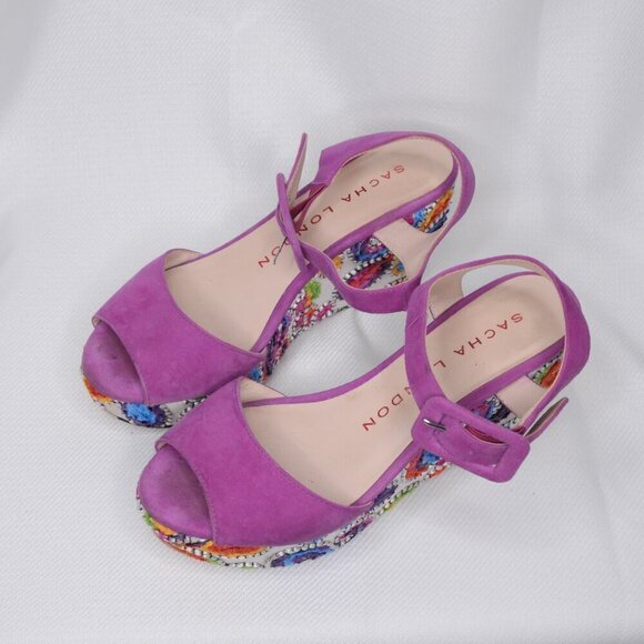 Sacha London Y2K Purple Embroidered Floral Wedge Heels Sz 9 - Picture 2 of 8